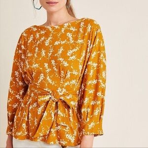 Anthropologie Amber Dolman mustard yellow floral tie waist Blouse Top Size M